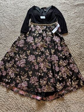 Mac Duggal Black Dress with Pink and Gold Floral Embroidery